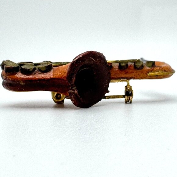 Leather Saxaphone Brooch Pin Brown Brass Vintage 7/8 x 1 3/4" Musical Instrument - Picture 8 of 8